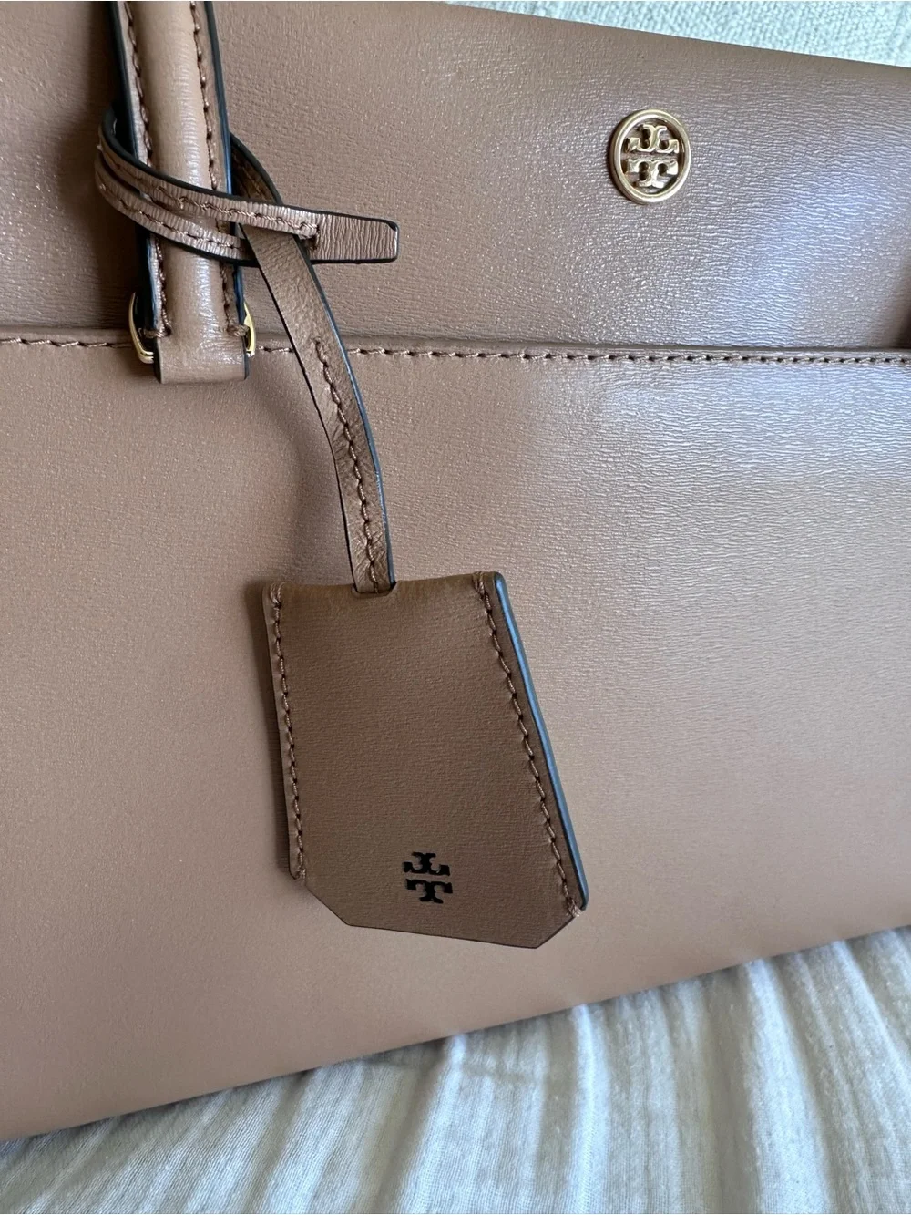 Tory Burch Parker Small Leather Tote Bag Cardamom Tan Brown Gold Hardware
